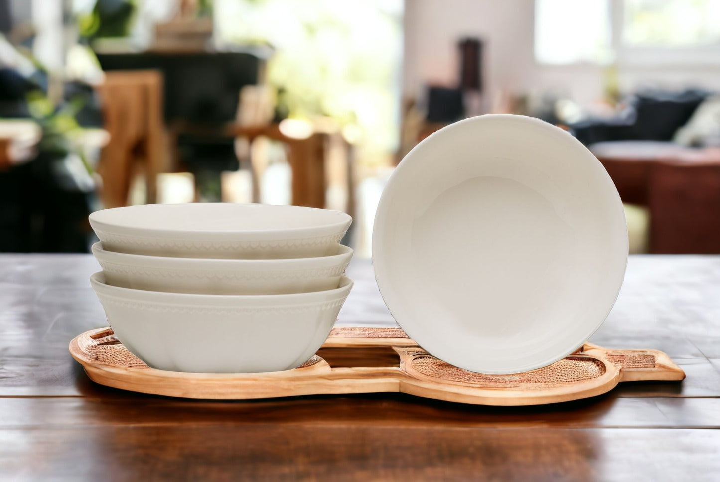 White 4-Piece Round Scallop Stoneware Set of 4 Bowl Set