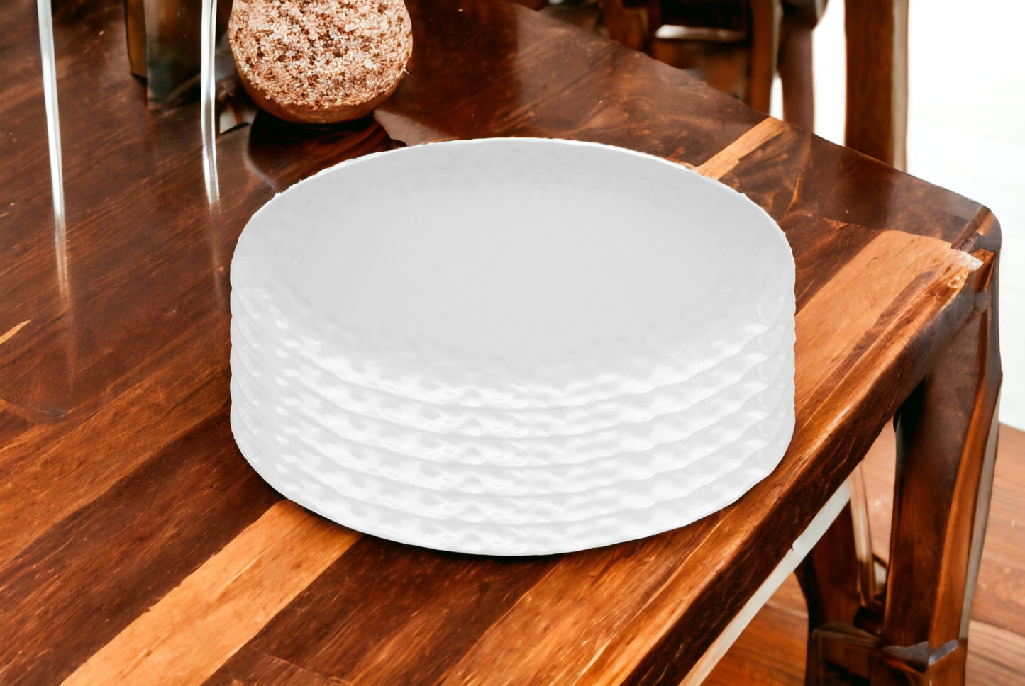 White Six Piece Round Pebbled Porcelain Set of 6 Dinner Plate Set