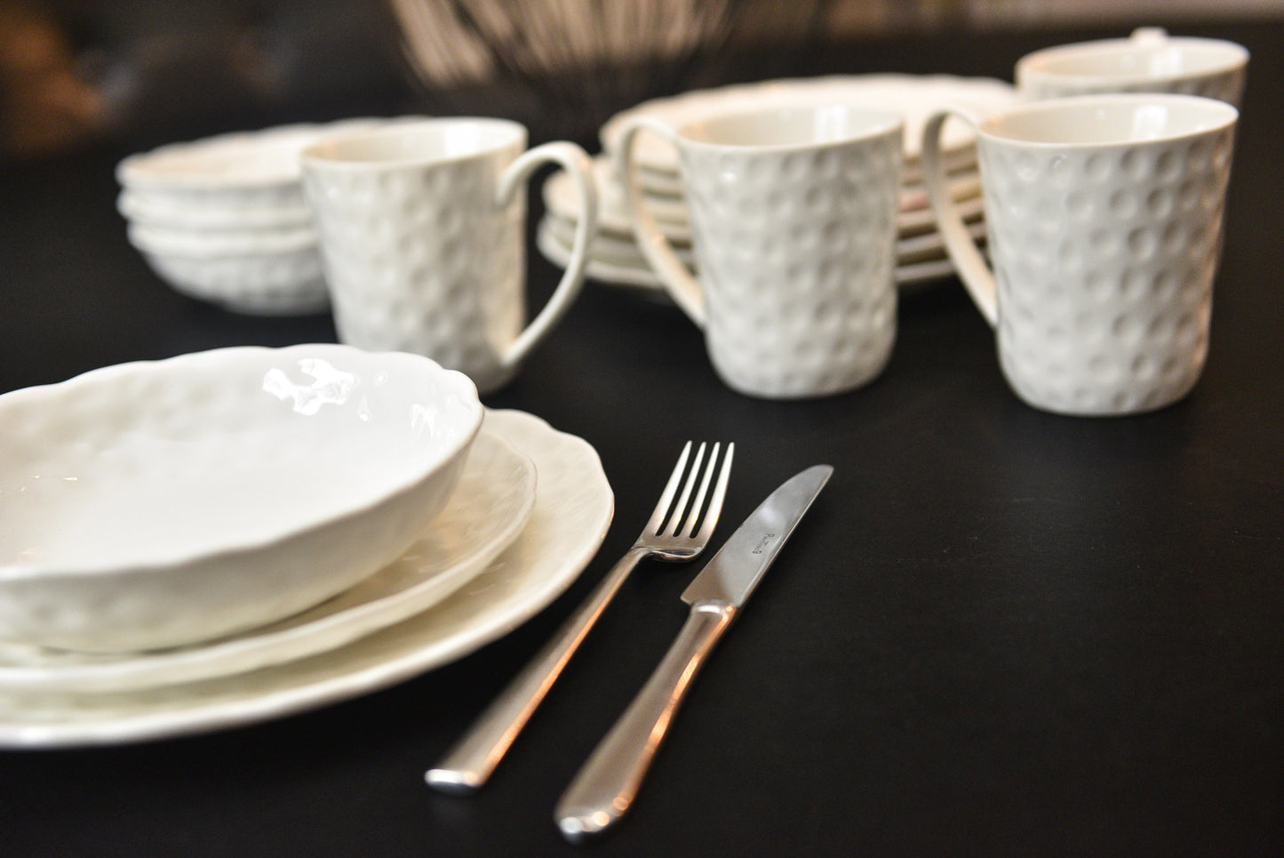 White Six Piece Round Pebbled Porcelain Set of 6 Bowl Set