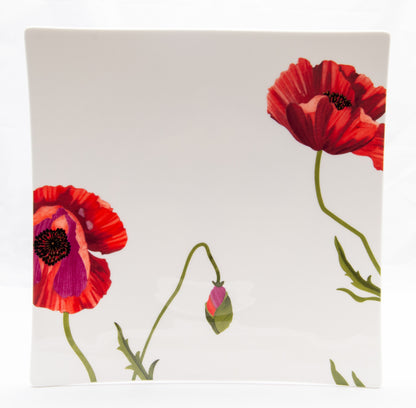 Red and White Six Piece Square Floral Bone China Set of 6 Dinner Plate Set
