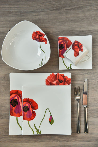 Red and White Six Piece Square Floral Bone China Set of 6 Dinner Plate Set