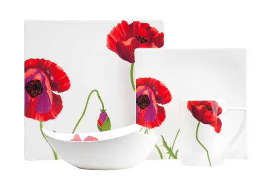 Red and White Six Piece Square Floral Bone China Set of 6 Dinner Plate Set