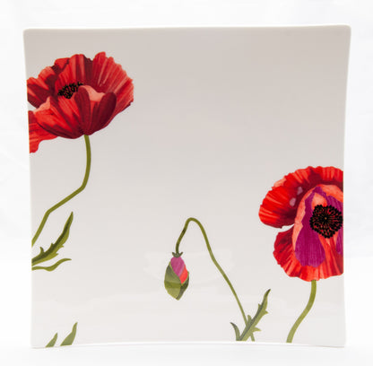 Red and White Six Piece Square Floral Bone China Set of 6 Dinner Plate Set