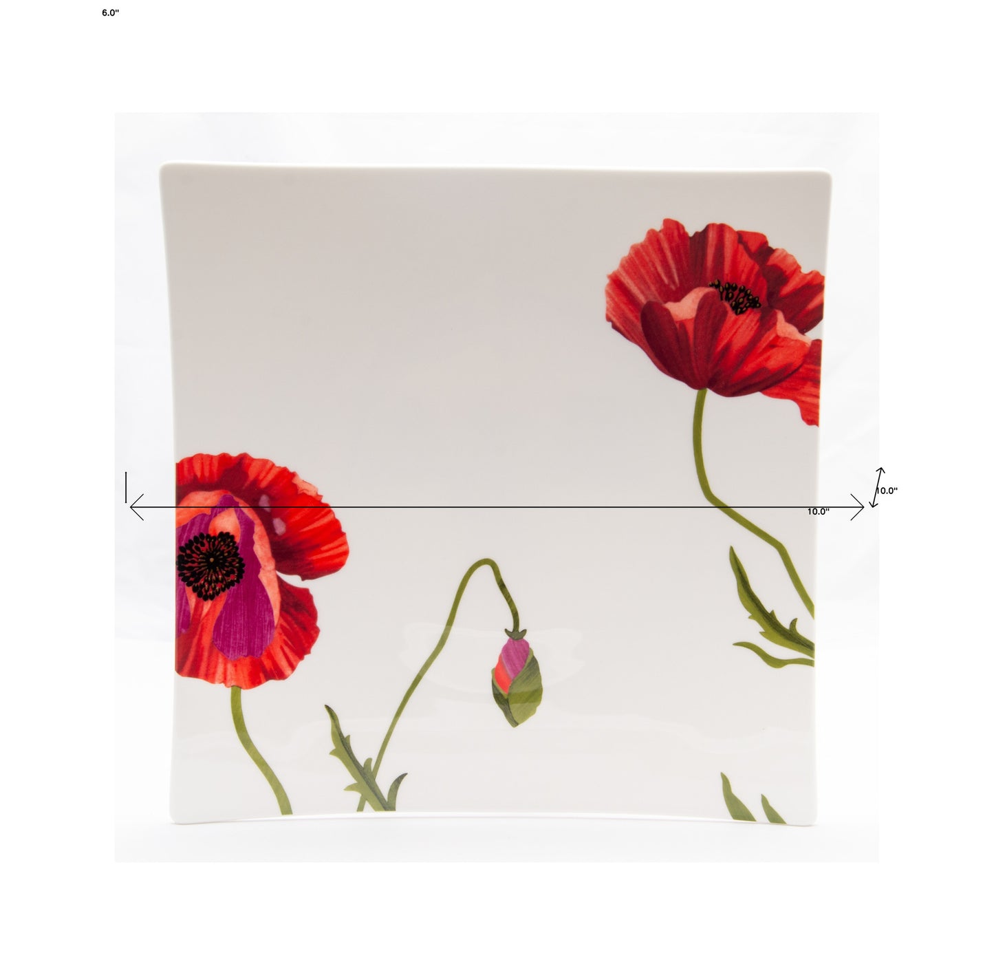 Red and White Six Piece Square Floral Bone China Set of 6 Dinner Plate Set