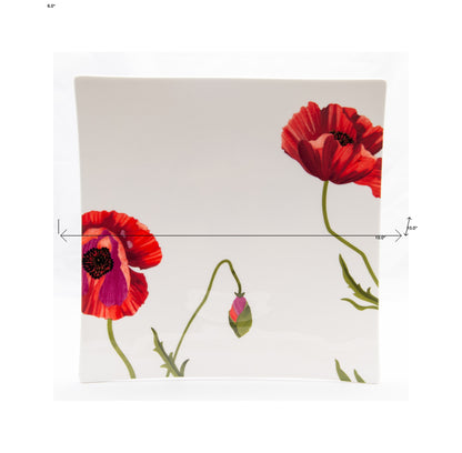 Red and White Six Piece Square Floral Bone China Set of 6 Dinner Plate Set