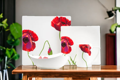 Red and White Six Piece Square Floral Bone China Set of 6 Dinner Plate Set