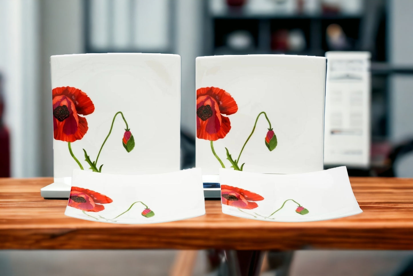 Red and White Six Piece Square Floral Bone China Set of 6 Salad Plate Set