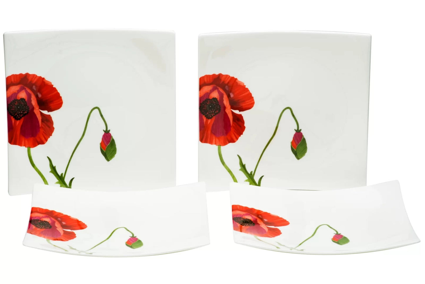 Red and White Six Piece Square Floral Bone China Set of 6 Salad Plate Set