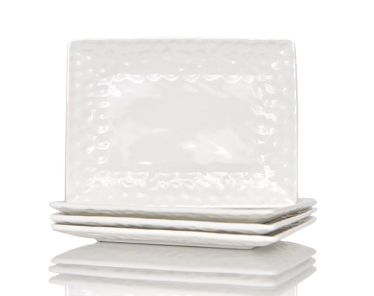 White Six Piece Rectangle Pebbled Porcelain Set of 6 Dinner Plate Set