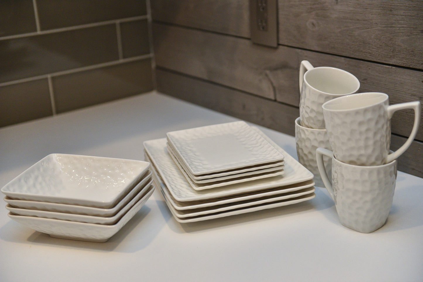 White Six Piece Rectangle Pebbled Porcelain Set of 6 Dinner Plate Set