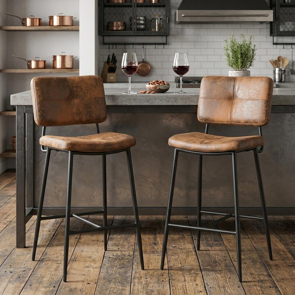 Brown & Black Faux Leather & Steel Low Back Counter Height Bar Chairs - Set of 2