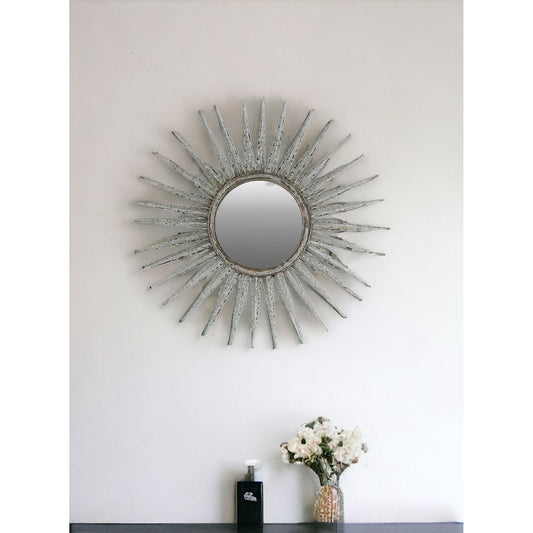 Antiqued Silver Gray Sunburst Wall Mounted Accent Mirror