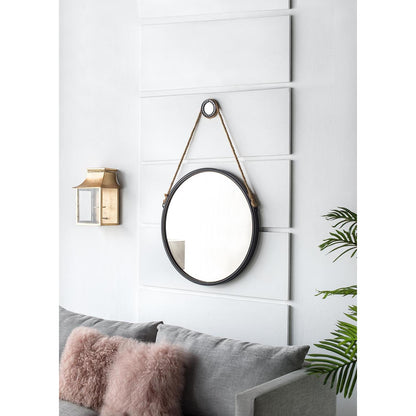 Black Fame Round Wall Hanging Accent Mirror with Rope