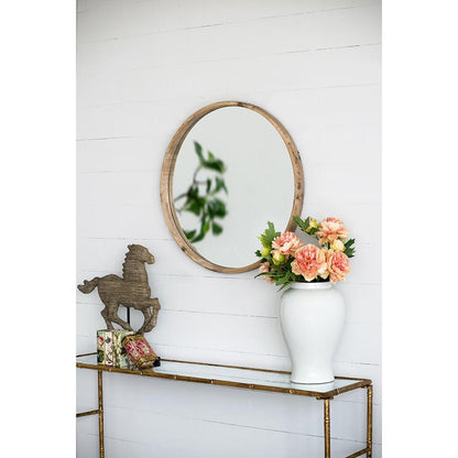 Natural Rustic Brown Wood Frame Round Wall Mounted Accent Mirror