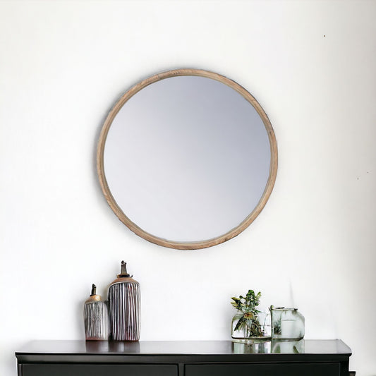 Natural Rustic Brown Wood Frame Round Wall Mounted Accent Mirror