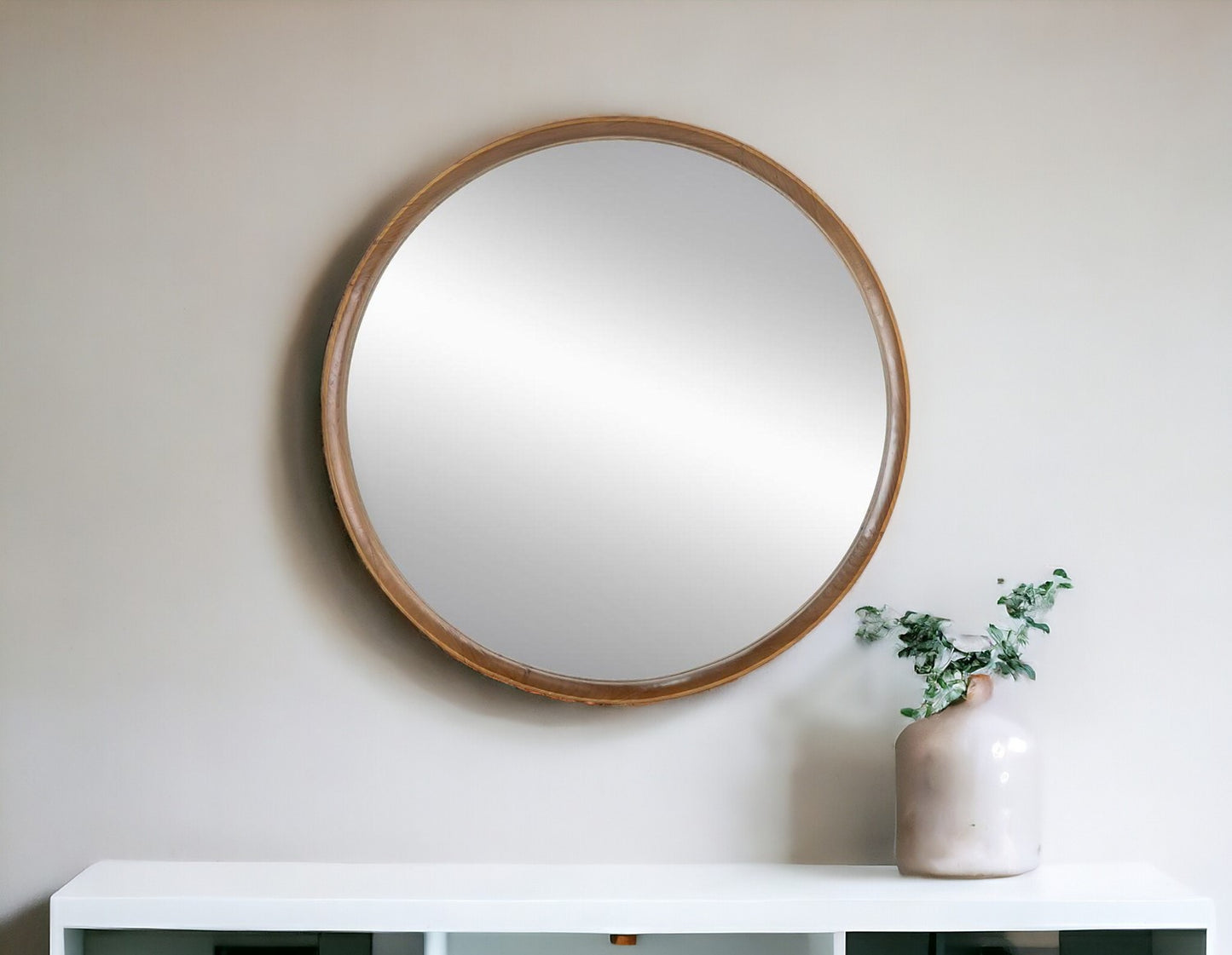 Brown Round Wood Framed Accent Mirror