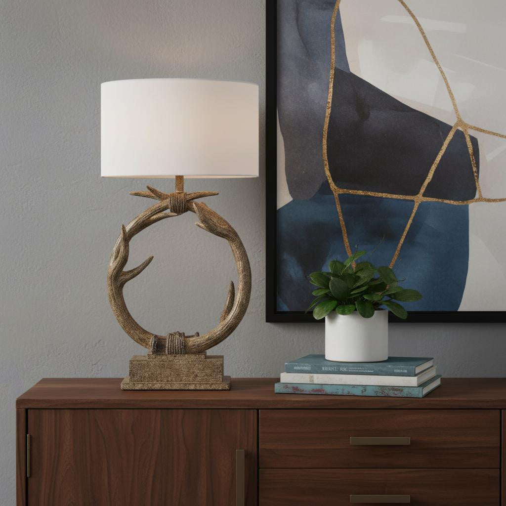 Brown Rustic Faux Antlers Table Lamp w/ Shade
