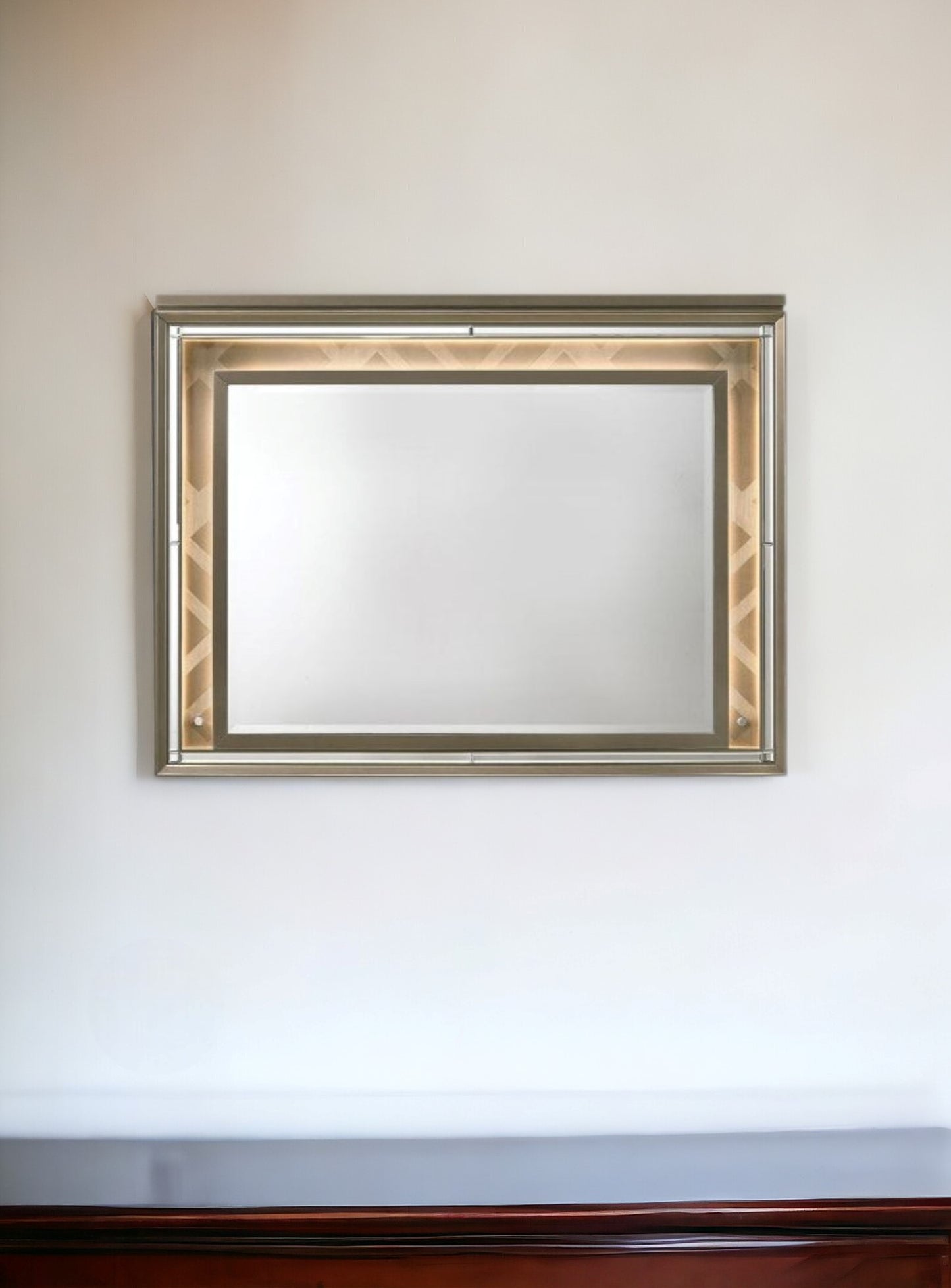 Champagne Lighted Wood Framed Mounted Dresser Mirror