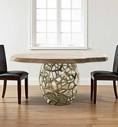 Brown And Brass Rounded Solid Wood And Iron Pedestal Base Dining Table