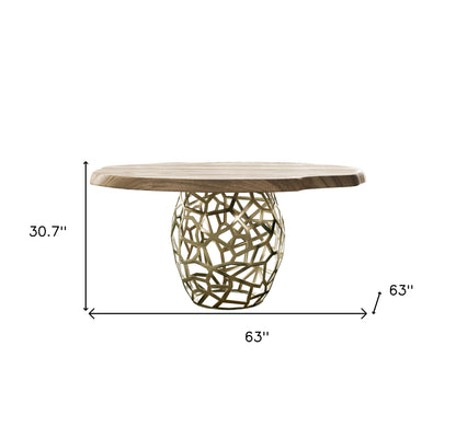Brown And Brass Rounded Solid Wood And Iron Pedestal Base Dining Table