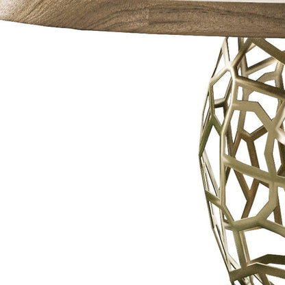 Brown And Brass Rounded Solid Wood And Iron Pedestal Base Dining Table