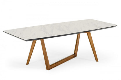White And Brown Stone Trestle Base Dining Table