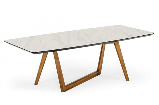White And Brown Stone Trestle Base Dining Table