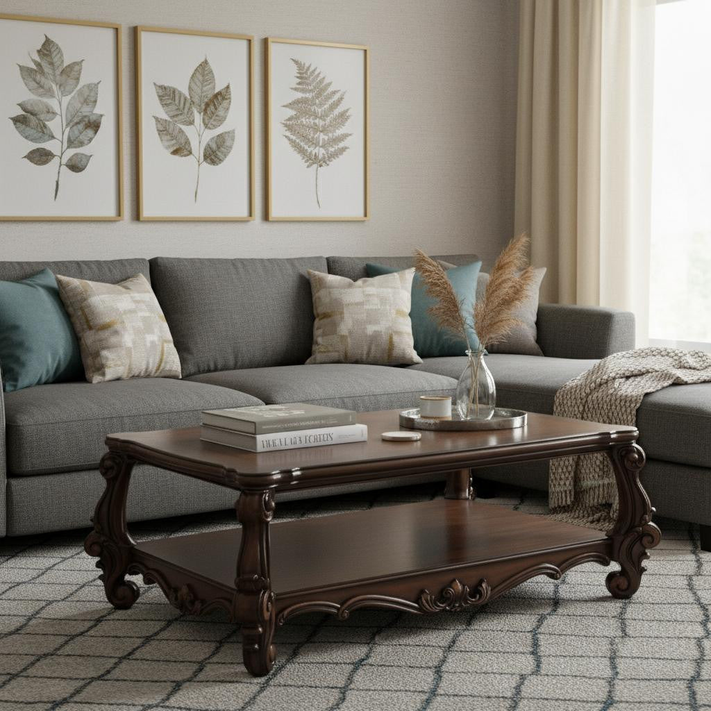 Brown & Dark Brown Wood Coffee Table w/ Shelf image 1