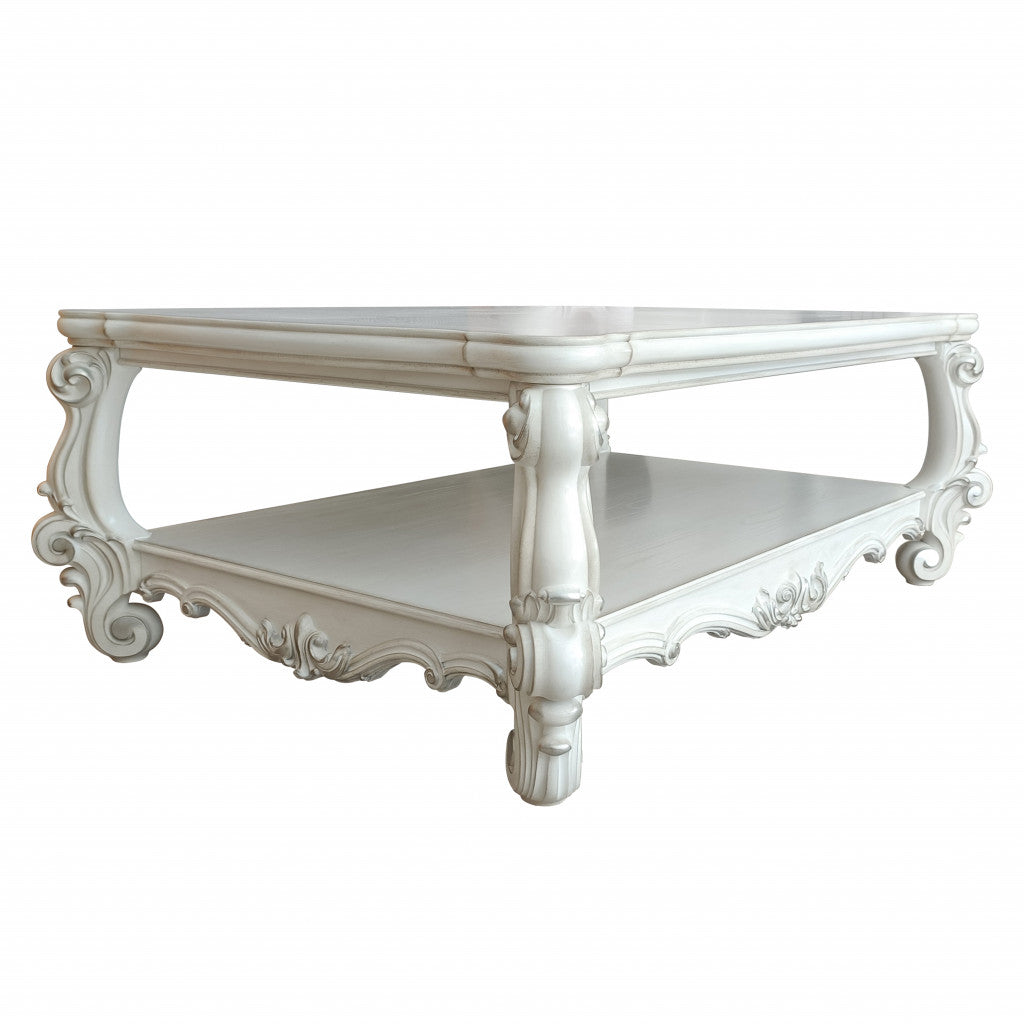 Antiqued White Wood Coffee Table w/ Shelf image 2