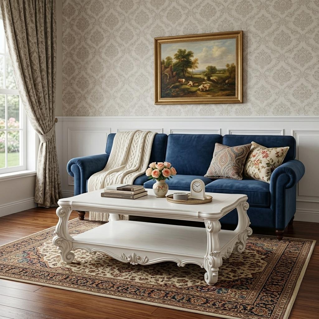 Antiqued White Wood Coffee Table w/ Shelf image 1