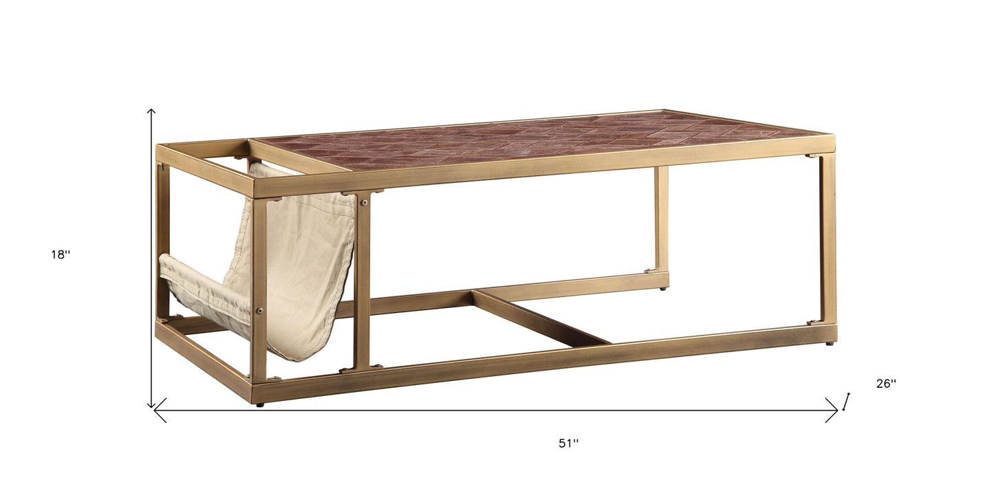 Brass & Retro Brown Leather Coffee Table