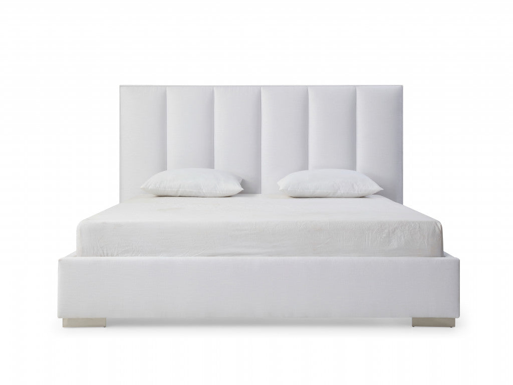 White Ribbed Texture Velvet Upholstered Queen Bed