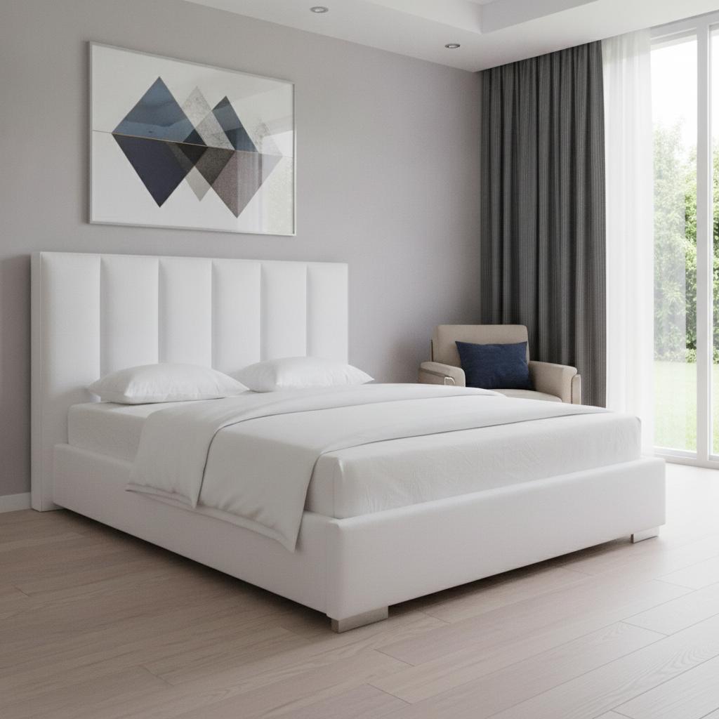 White Ribbed Texture Velvet Upholstered Queen Bed