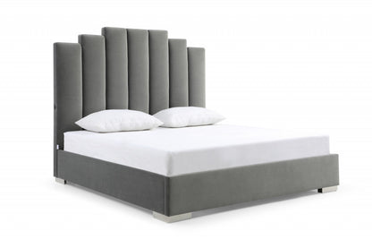Grey Upholstered Vertical Channel Velvet Queen Bed