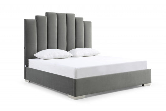Grey Upholstered Vertical Channel Velvet Queen Bed