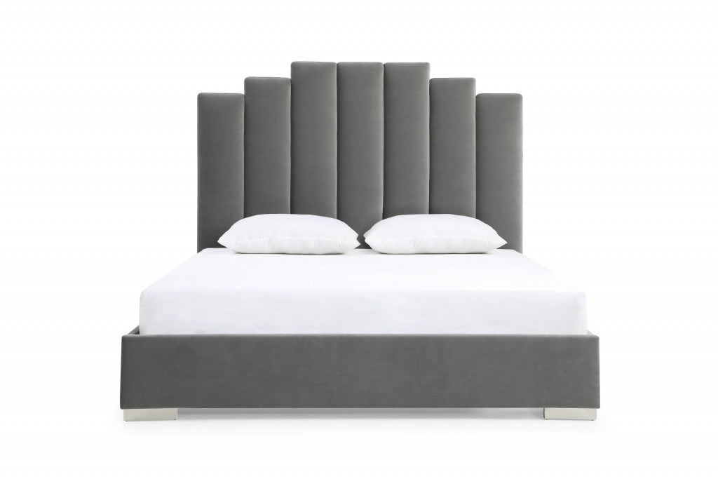 Grey Upholstered Vertical Channel Velvet Queen Bed