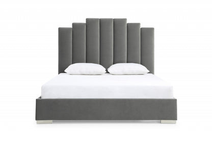 Grey Upholstered Vertical Channel Velvet Queen Bed