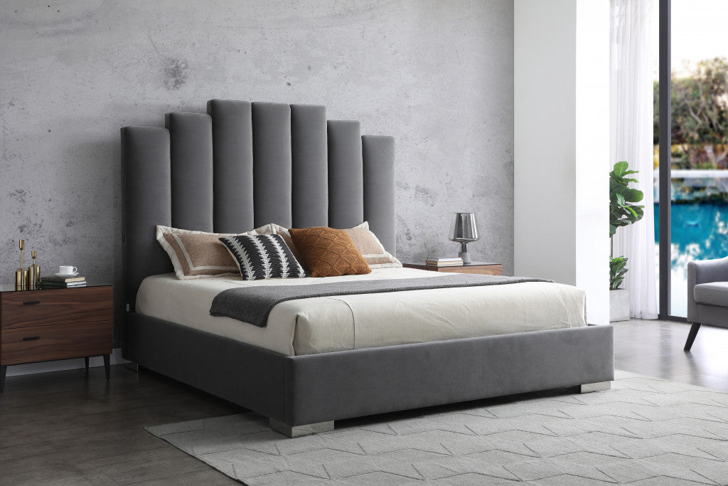 Grey Upholstered Vertical Channel Velvet Queen Bed