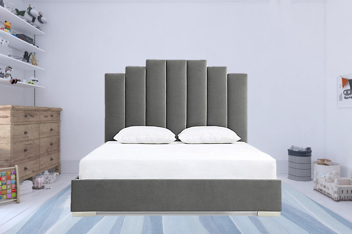 Grey Upholstered Vertical Channel Velvet Queen Bed