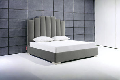 Grey Upholstered Vertical Channel Velvet Queen Bed