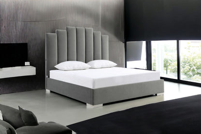 Grey Upholstered Vertical Channel Velvet Queen Bed