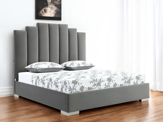 Queen Grey Upholstered Vertical Channel Velvet Bed w/ USB