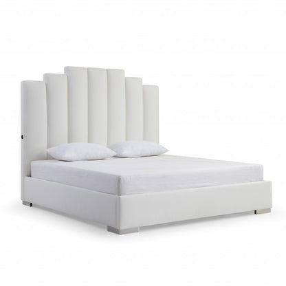 Queen White Vertical Channel Faux Leather Bed