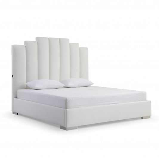 Queen White Vertical Channel Faux Leather Bed