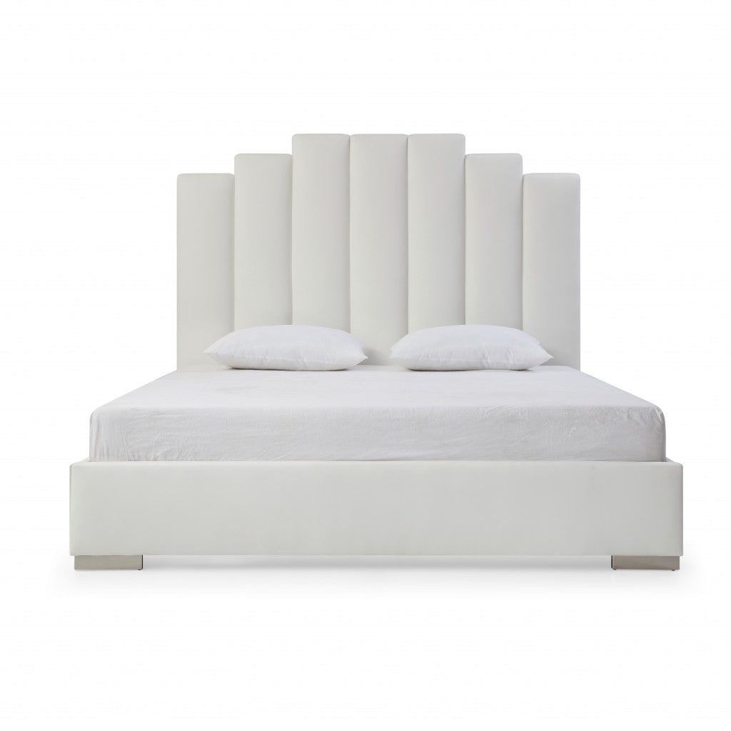 Queen White Vertical Channel Faux Leather Bed
