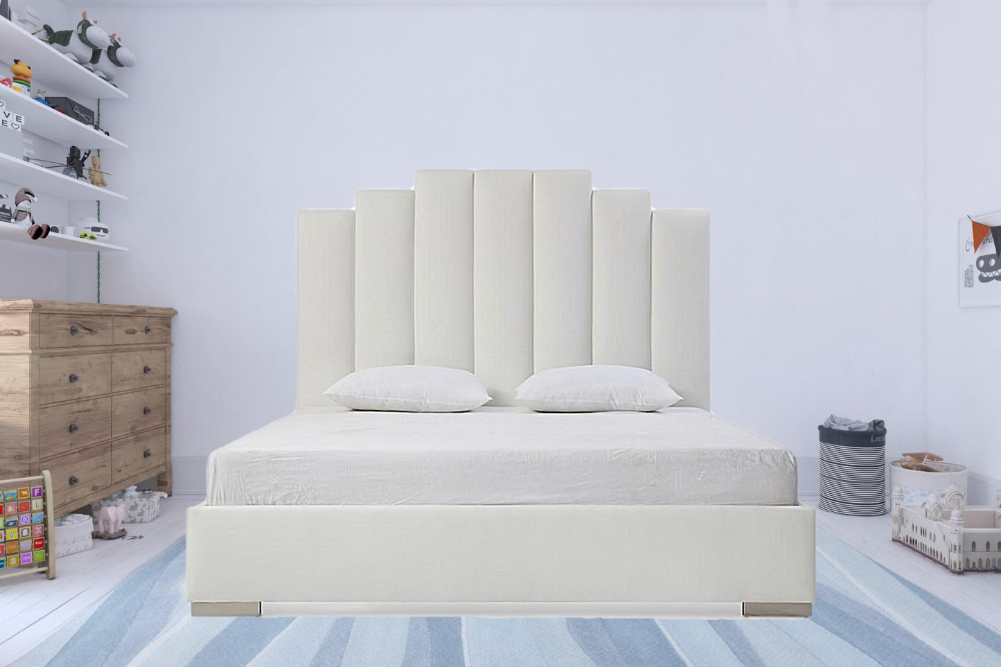 Queen White Vertical Channel Faux Leather Bed