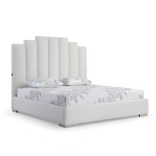 White Wood & Faux Leather Queen Bed w/ USB