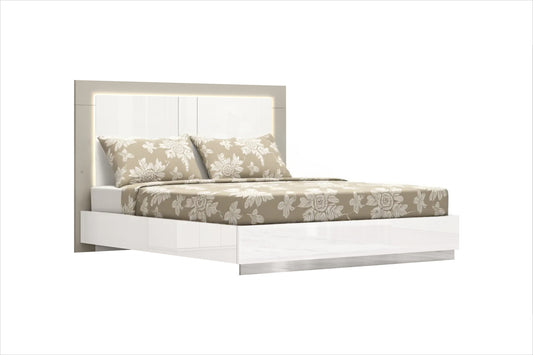 King White High Gloss Bed w/ LED Headboard