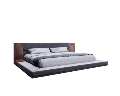 Gray & Walnut Wood & Upholstery Queen Bed w/ Attached Nightstands
