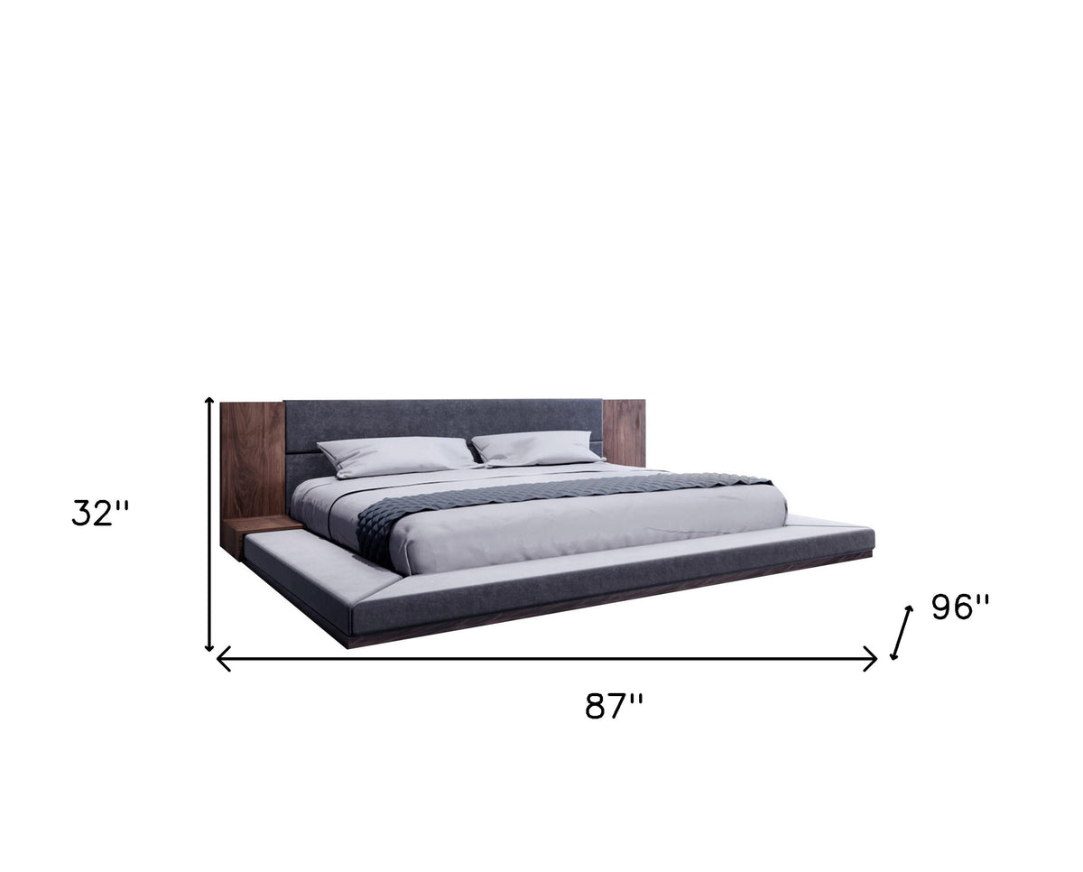 Gray & Walnut Wood & Upholstery Queen Bed w/ Attached Nightstands